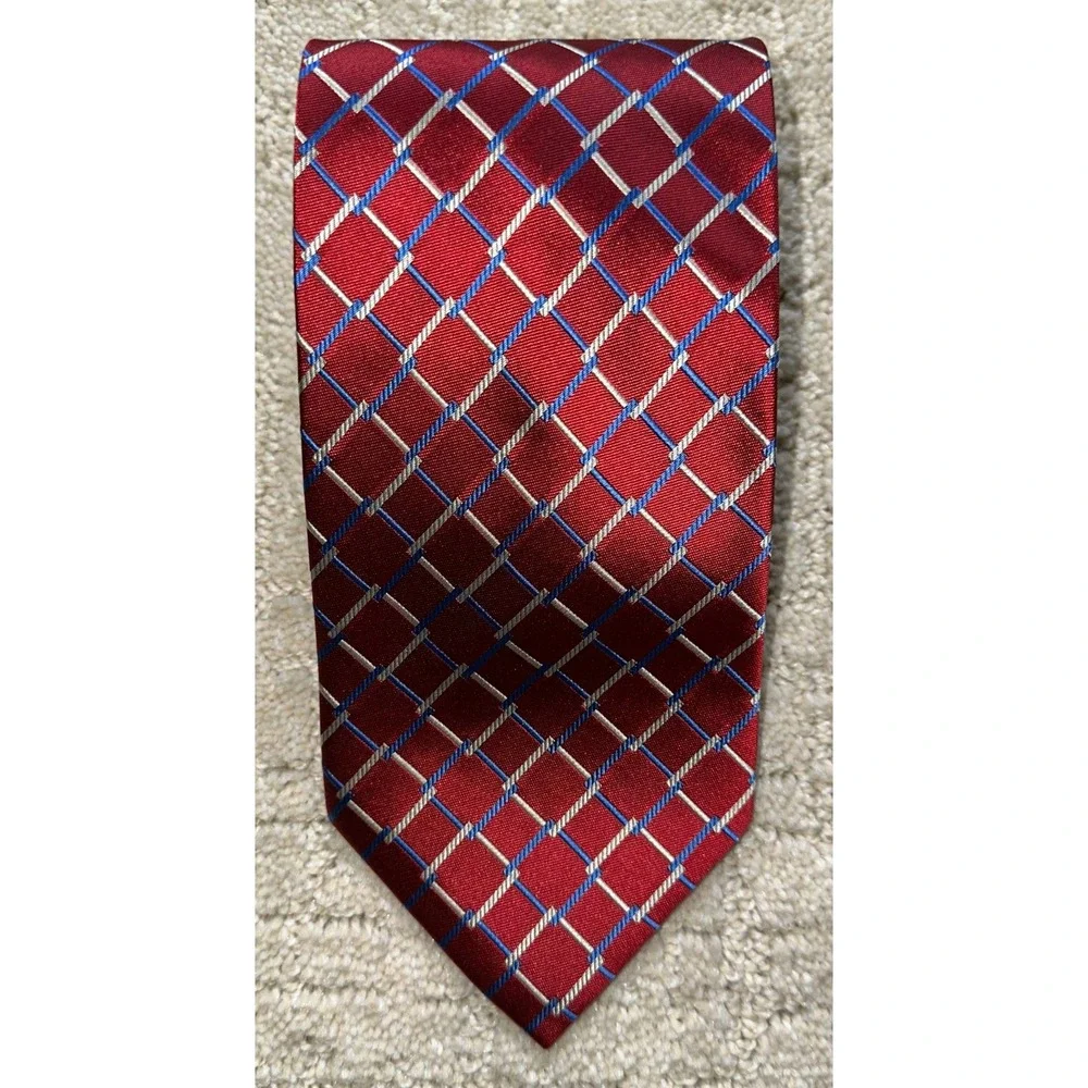 Daniel Gray Red Silk Tie Geometric Check Lattice Pattern Classic Business Weddin